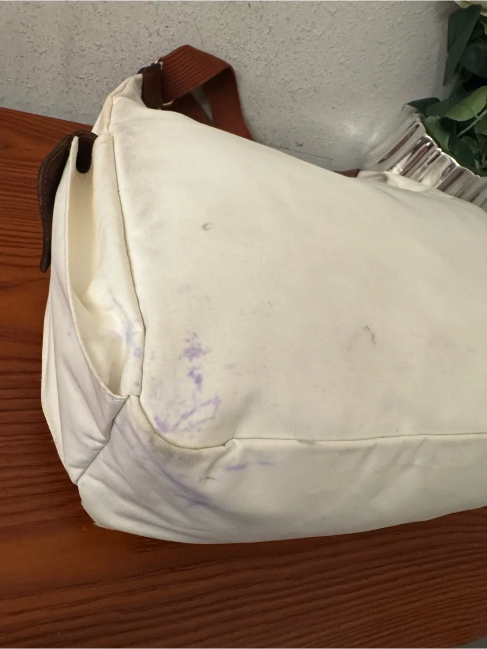 Longchamp White Shoulder Bag with Brown Strap and Trim